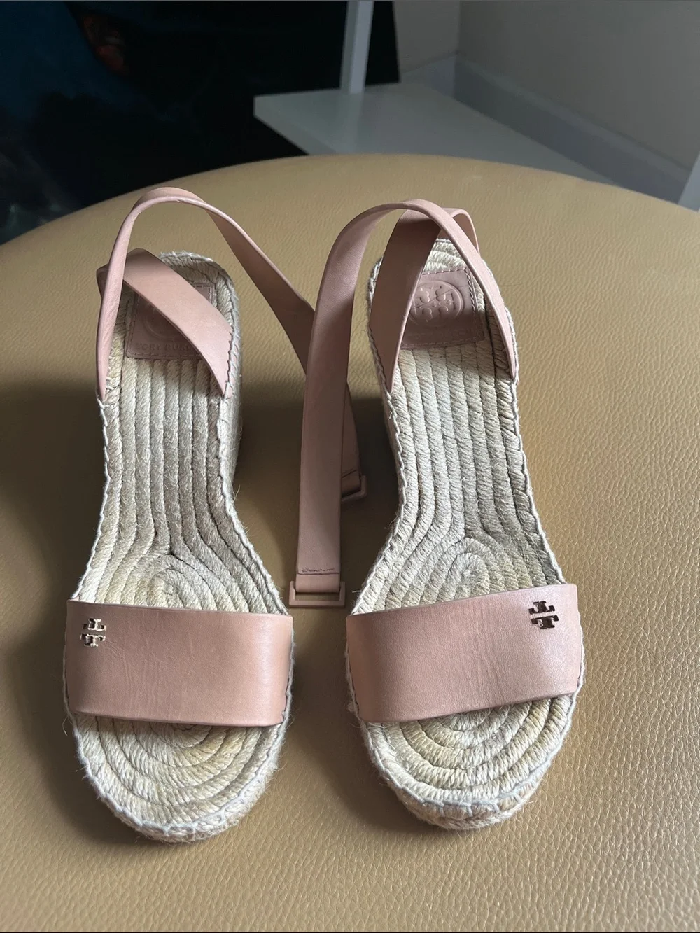 Tory Burch Tan Leather Bima 2 Espadrille Wedge Ankle Strap Sandals SZ 8 EUC